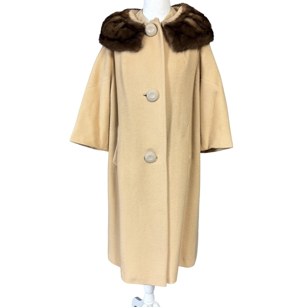 Vintage Stroock Wool‎ Swing Coat Womens Camel Mink Fur Collar Made USA 50s 60s